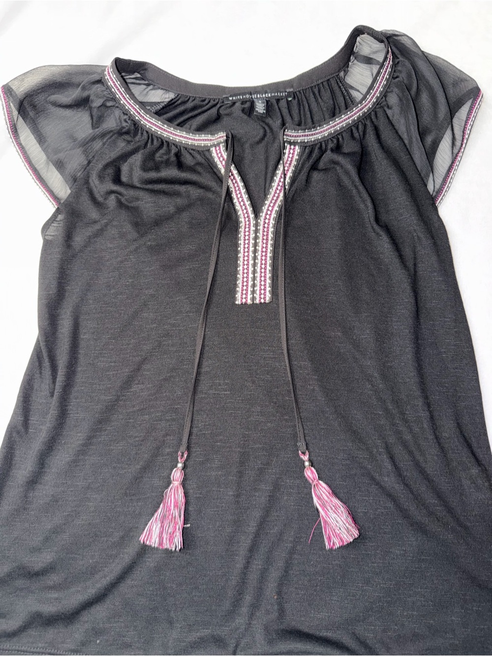 White House Black Market Black Blouse with Pink Trim and Tassels
